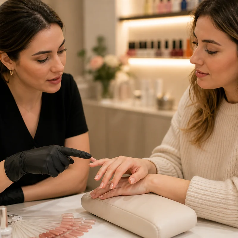 Acrylic almond nails styled for wedding or formal event showing elegant neutral pink long-wear finish with high-gloss top coat