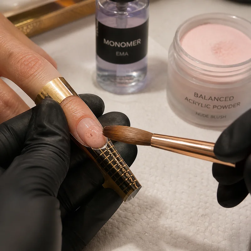 Acrylic nail application showing polymer powder and monomer liquid being worked into almond nail shape using sculpting brush technique