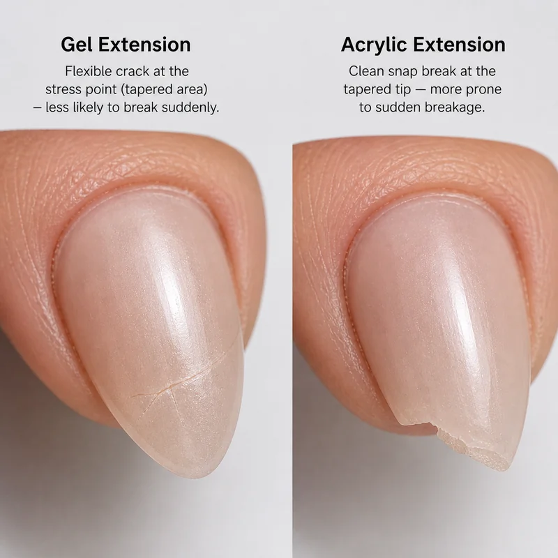 Almond nail tip stress point diagram comparing how gel and acrylic extensions break differently under lateral pressure and impact stress