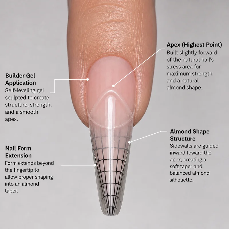Builder gel almond nail sculpted on nail form showing apex structure placement over short natural nail plate for maximum extension support