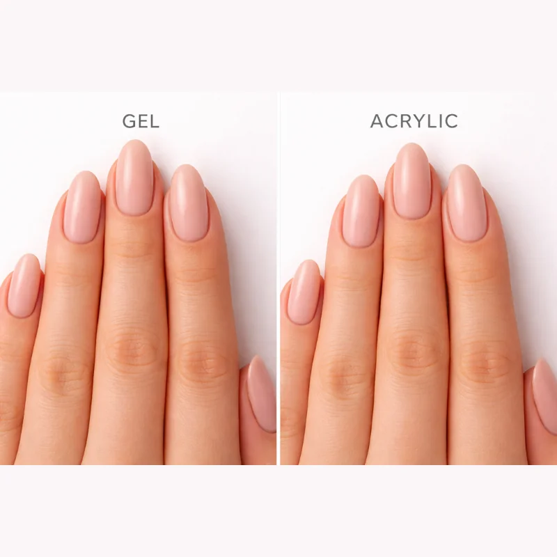 Gel vs acrylic almond nails decision guide showing recommended system for eight different lifestyle situations and nail types