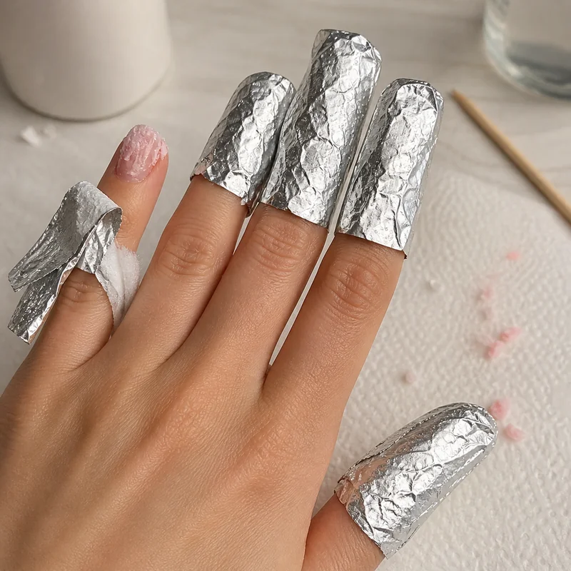 Soak-off removal process showing acetone-soaked cotton and foil wrap method for almond nail extensions to protect natural nail plate health
