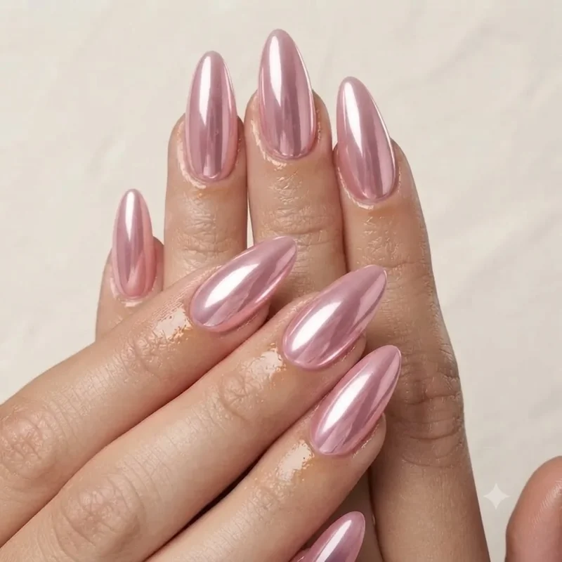 Barbiecore nails with a pink chrome mirror finish, a glazed donut style manicure with reflective shine