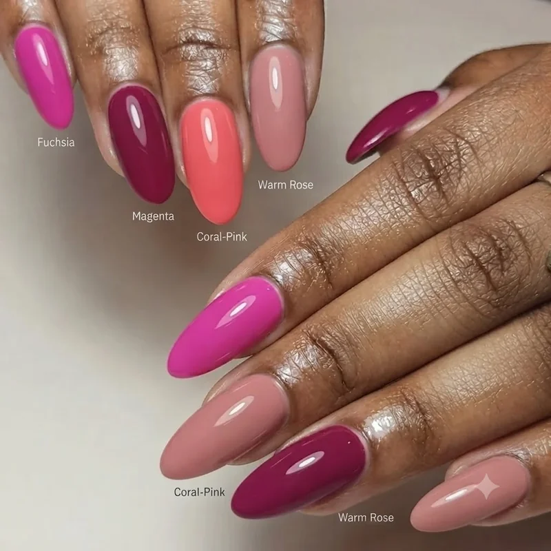 Barbie pink shade grid comparing fuchsia, magenta, and coral-pink barbiecore nails tones side by side