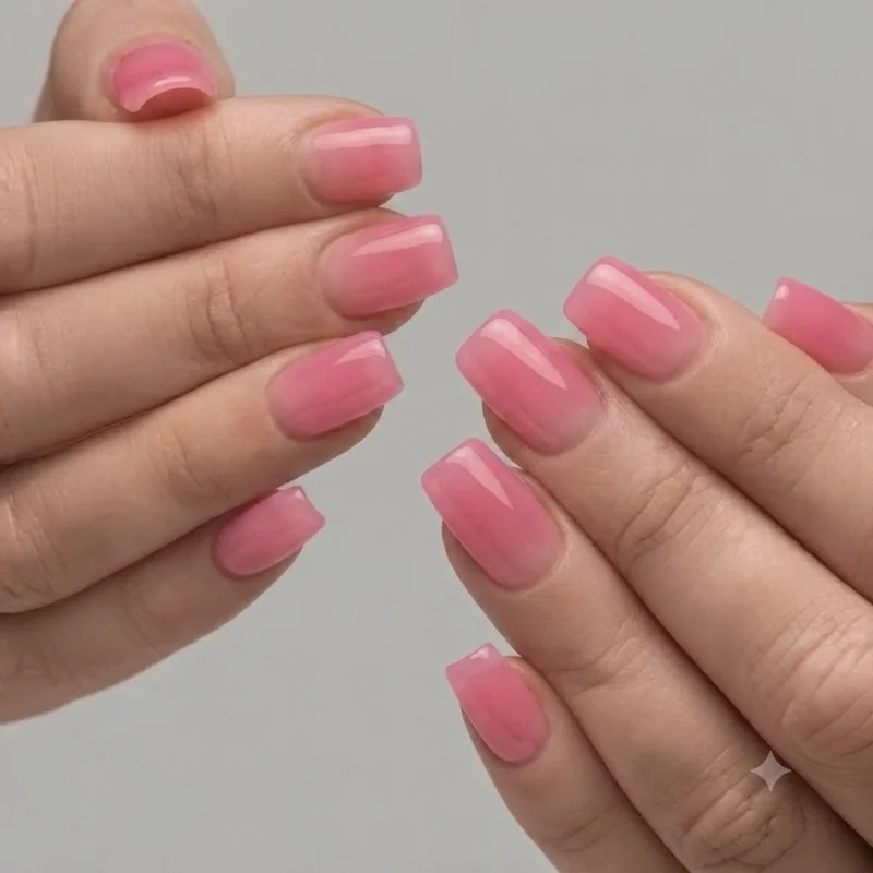 Short square barbie nails in glossy hot pink, an everyday-wearable barbiecore nails length and shape