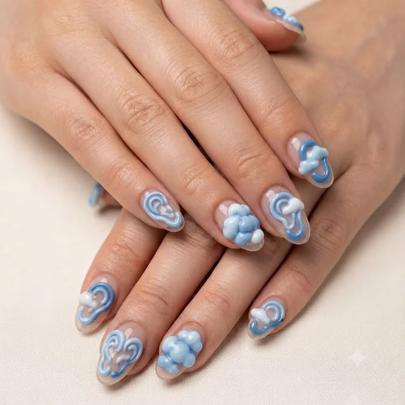 3D puffy Cinnamoroll nails with raised inflated ear and cloud details sculpted in blue and white builder gel