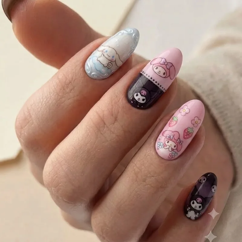 Cinnamoroll nails paired with Kuromi and My Melody designs in a mixed Sanrio character manicure gift set