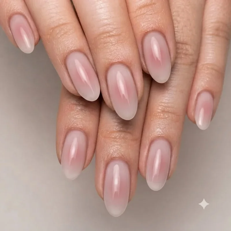 Milky pink aura-effect coquette nails with soft glow finish on natural nail bed