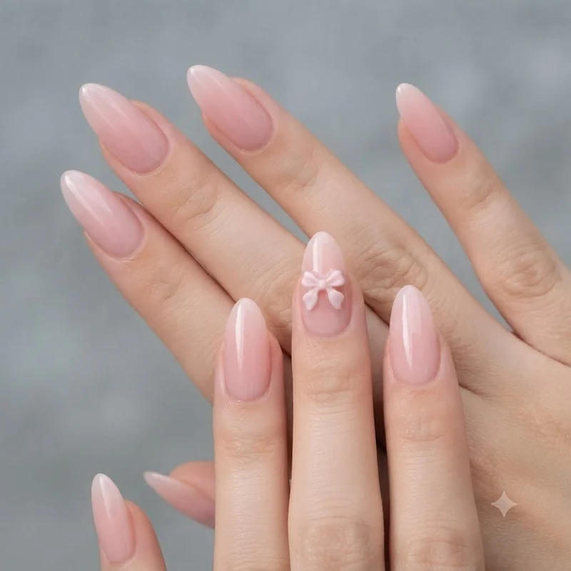 Short almond coquette nails with minimal single bow accent on natural nail length