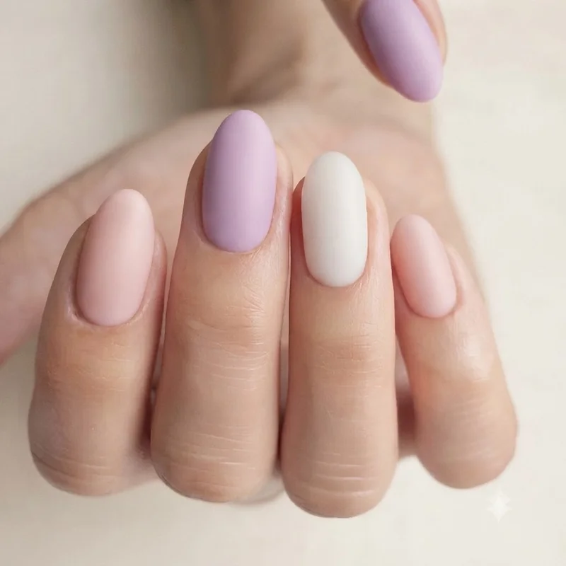 Girly nails colour palette swatched in blush pink, lilac, and milky white shades