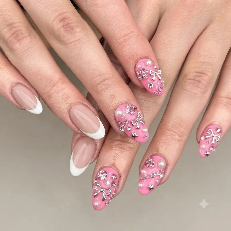 Side by side comparison of minimal french tip and maximalist charm girly nails