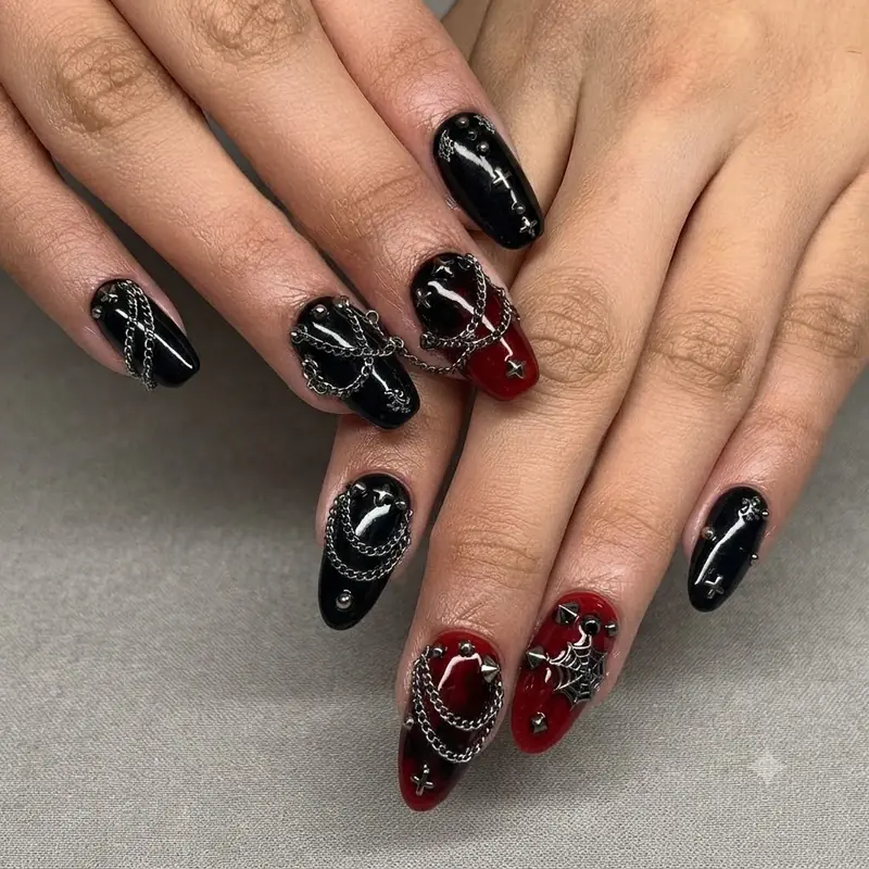 Hello kitty junk nails goth set in black and red with chain detail and stud embellishment