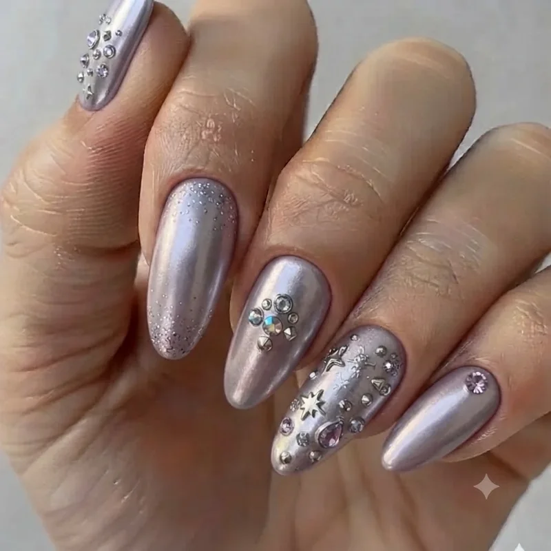 Hello kitty junk nails glam set with chrome pink base and dense rhinestone clusters