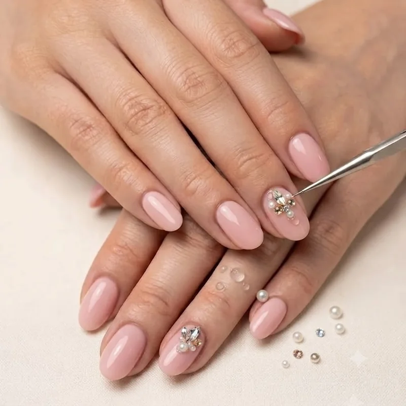Close up detail of hello kitty junk nails charm placement and layering technique during application