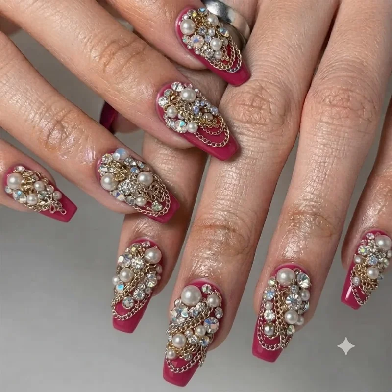 Second glam variation of hello kitty junk nails with metallic charm density and colour shift