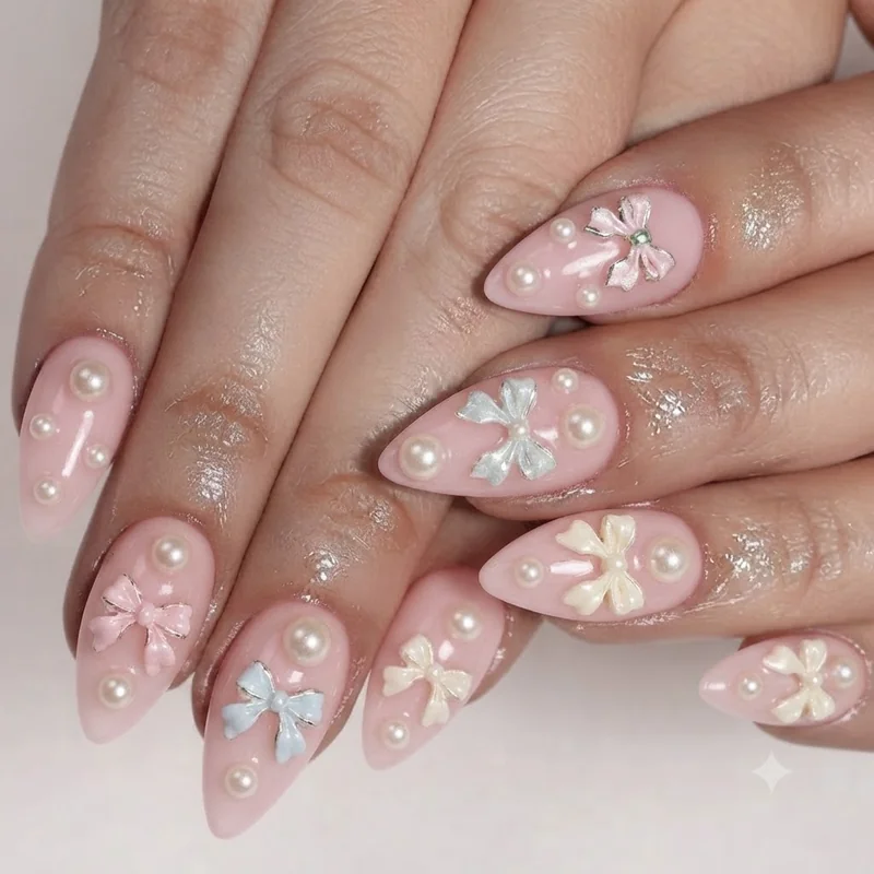 Hello kitty junk nails coquette set with layered pearls, bow charms and pastel almond shape