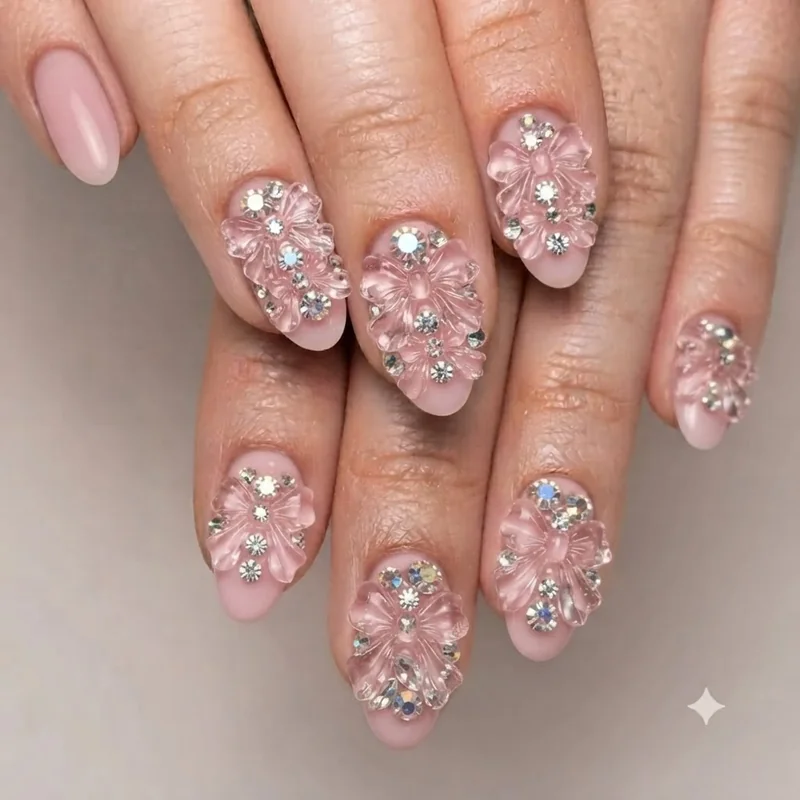 3D bow charm cluster on maximalist Hello Kitty nail set with rhinestone detail