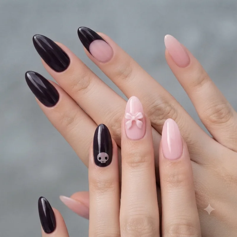 Kuromi nails pastel punk style lavender base with skull and bow motif nail art design
