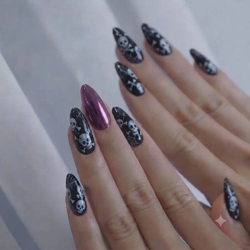Kuromi press on nails set with matte black base and 3D charm detailing close up