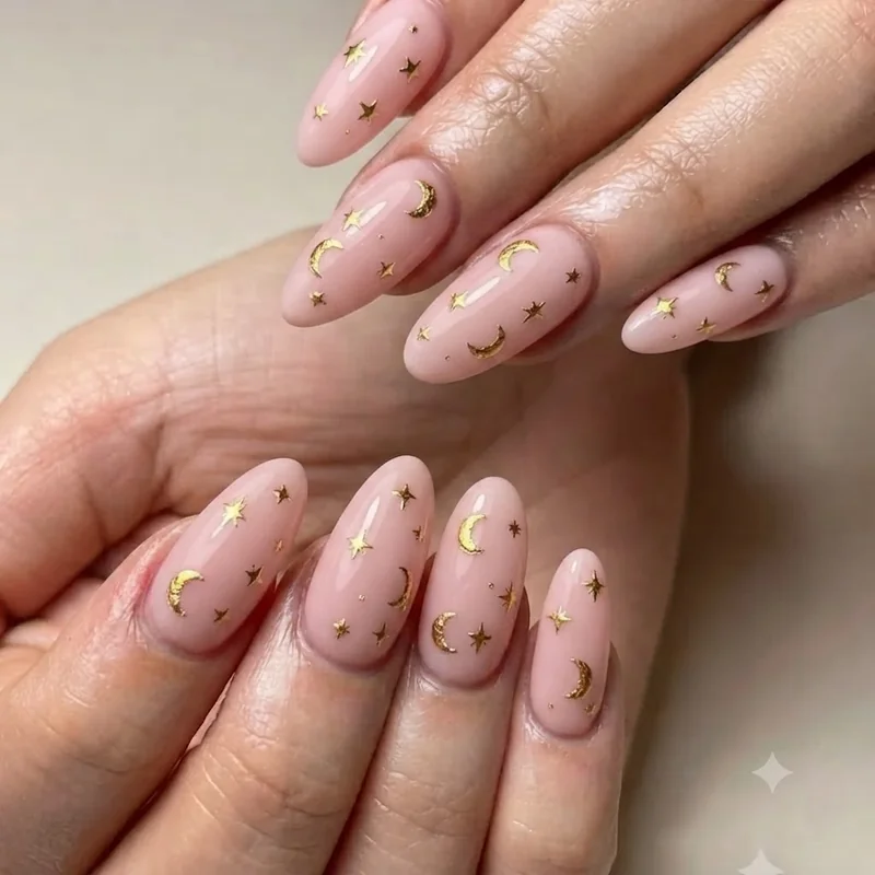 My melody nails in baby pink with gold star and crescent moon accents, classic Melodycore palette