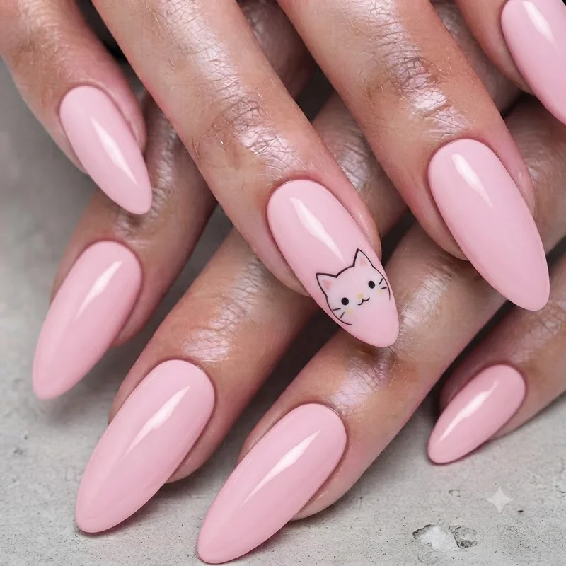 Hand-painted my melody nails accent nail with detailed face art on pastel pink base coat