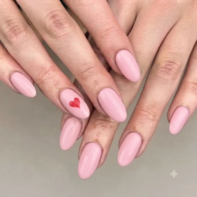 Simple my melody nails design with pastel pink base and single heart accent nail for beginners
