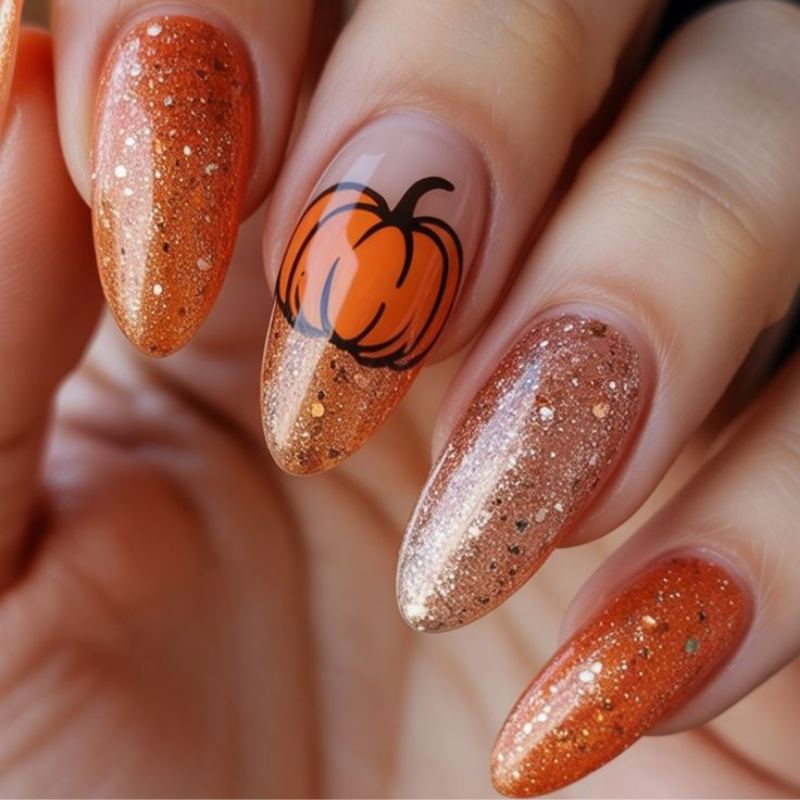 Orange glitter accent nail with brown pumpkin ridge details and green stem for sparkly Halloween manicure