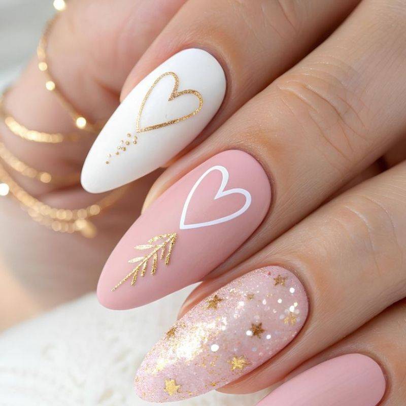 Valentine nails 2026 with glitter accent nail and heart embellishments
