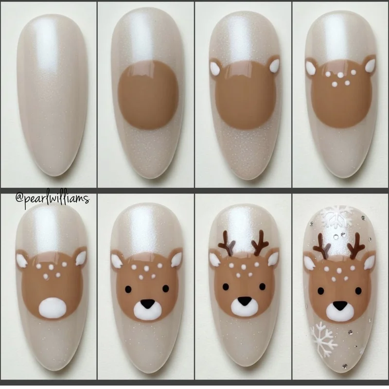 Tutorial showing how to create glossy 3D effect on Rudolph red nose nail art