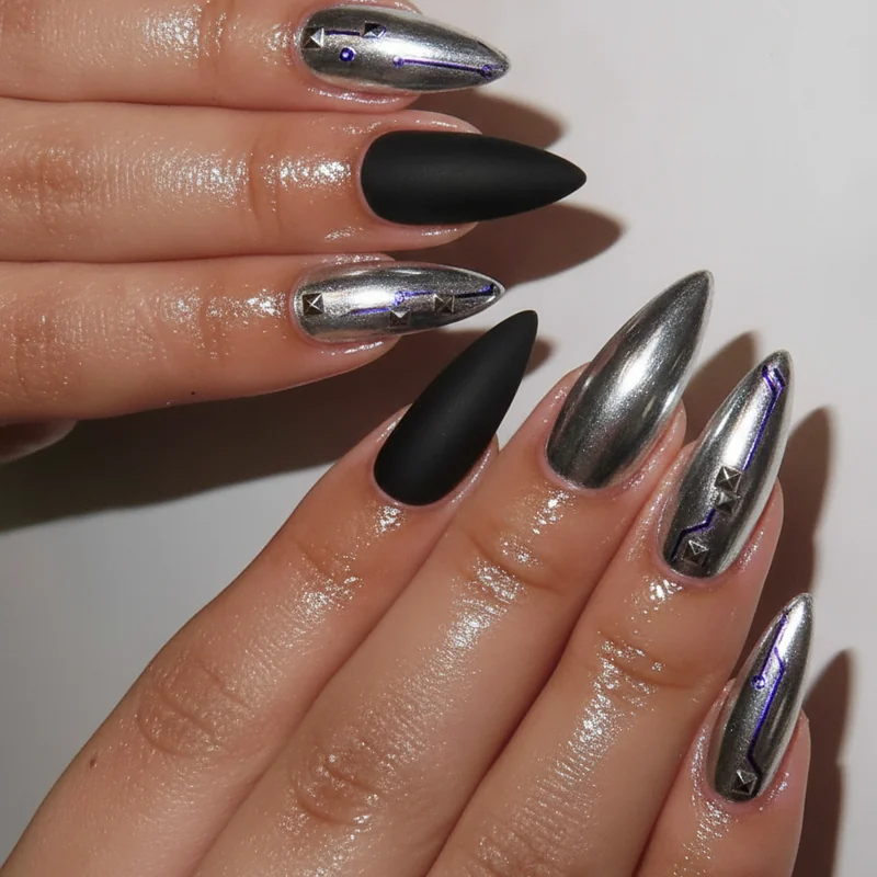 Black and silver cyber goth nails showing mixed matte chrome finish edgy alt nail set with wearable everyday design