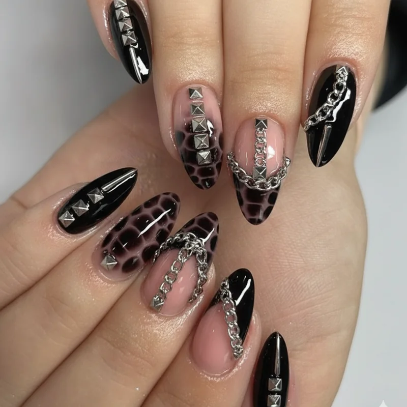 Cyber goth nails 3D industrial hardware spike chain chrome charm elements on stiletto nail set black silver 2026
