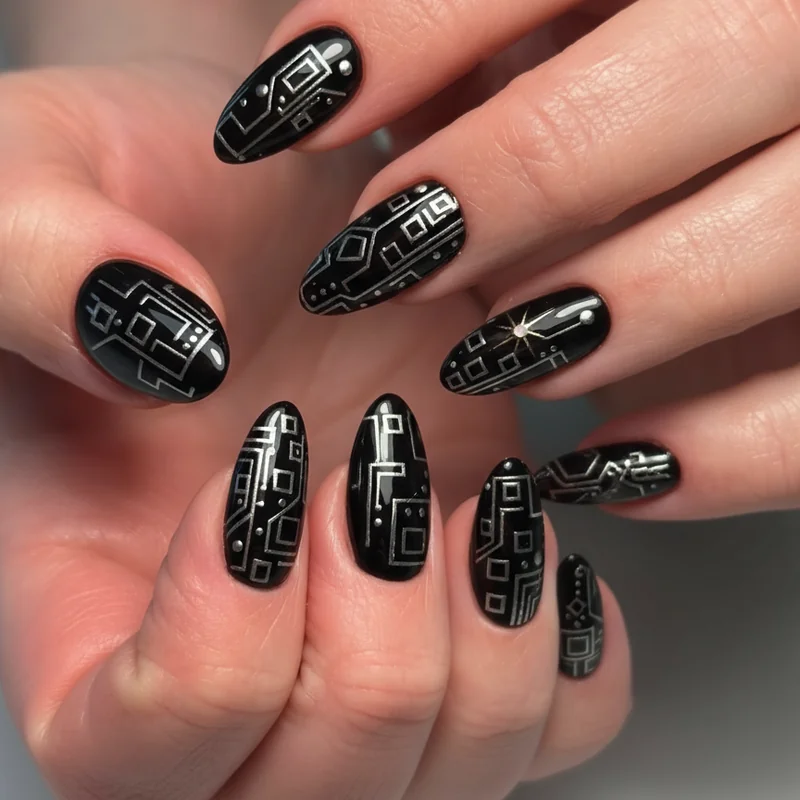 Cyber goth nails on short nail length with chrome silver line work on square almond shape edgy alt manicure design