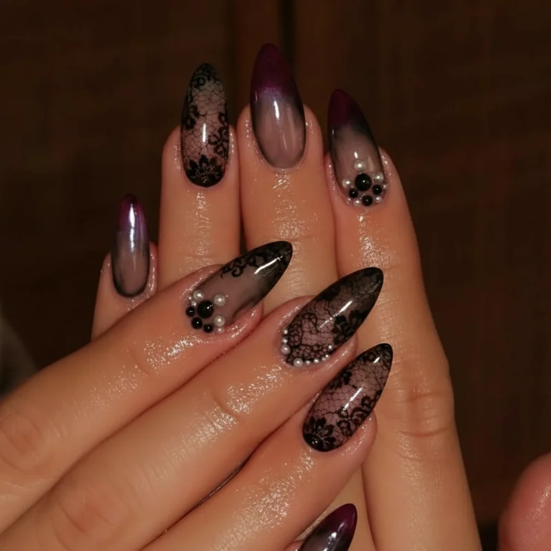 Dark feminine nail designs with sheer overlay lace and smoked glass velvet tip  moody romantic goth nail inspo to screenshot now