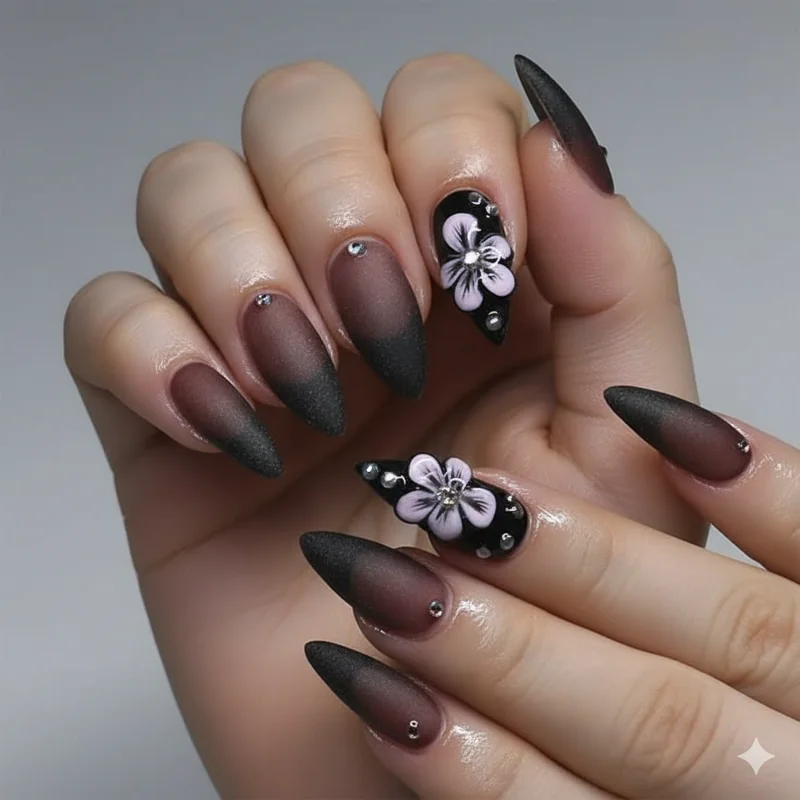 Sheer dark overlay on almond nails with velvet matte finish  dark feminine goth nail technique that looks like a designer set