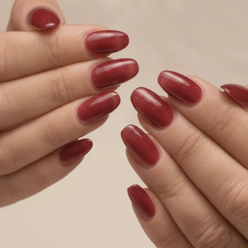 Dark feminine short nails in sheer bordeaux oval  proof that goth nail aesthetic looks stunning on natural nail length