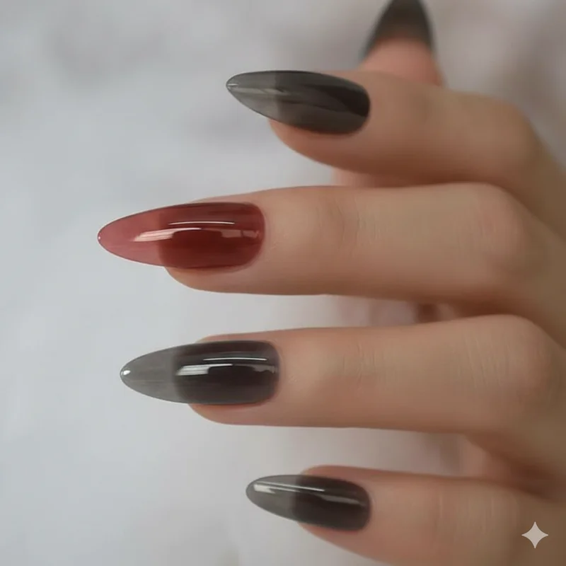 Dark feminine goth nails for spring summer in sheer bordeaux and smoked charcoal  year-round dark aesthetic not just for autumn