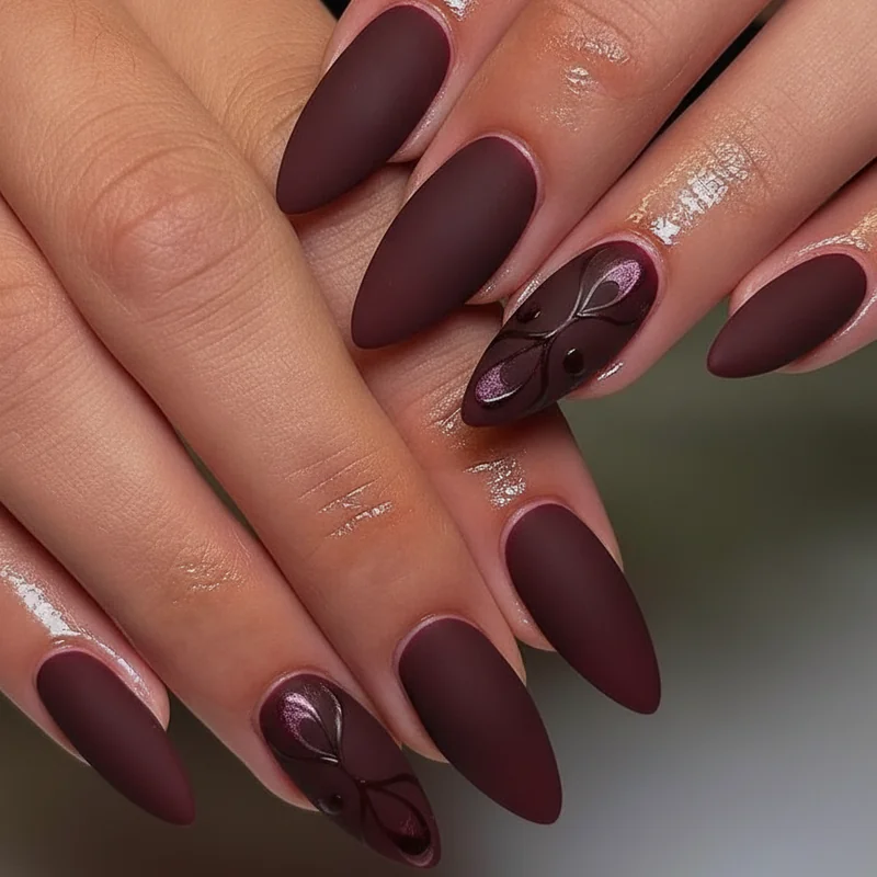 Oxblood bordeaux dark feminine nails with velvet matte finish  deep jewel tone goth nail aesthetic that feels hauntingly elegant