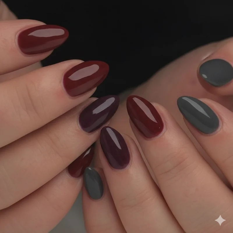 Shadow romance nail palette in oxblood plum bordeaux and charcoal  dark feminine shade range for goth nail inspo 2026