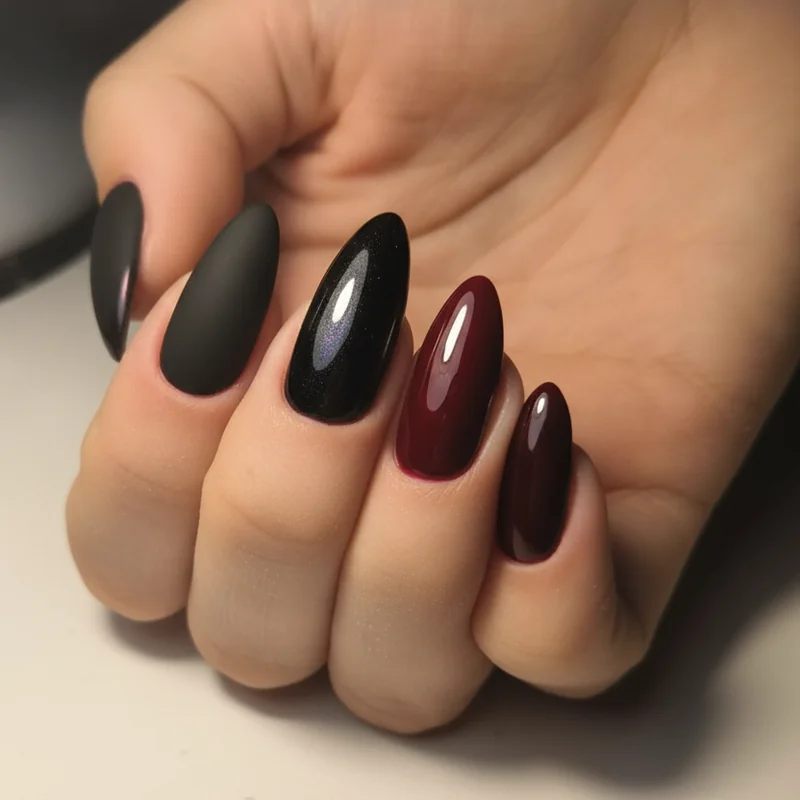 Gothic nail finish comparison showing matte topcoat versus high-shine gloss versus chrome versus duochrome on dark nail color swatches