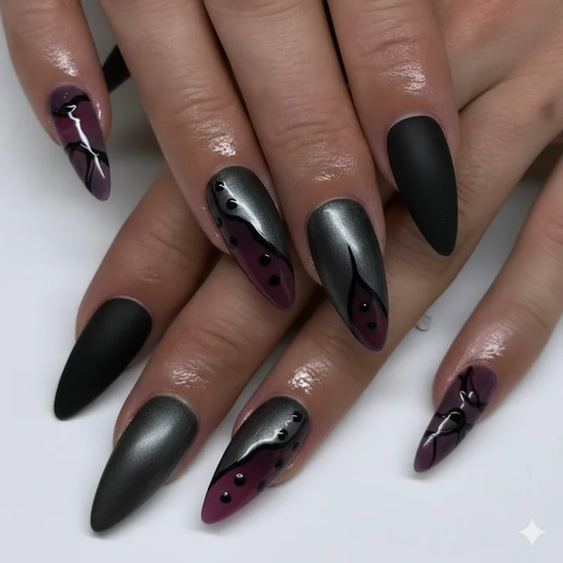 Gothic nail color combinations showing two-tone matte and gloss contrast dark palette pairings including navy charcoal plum and gunmetal