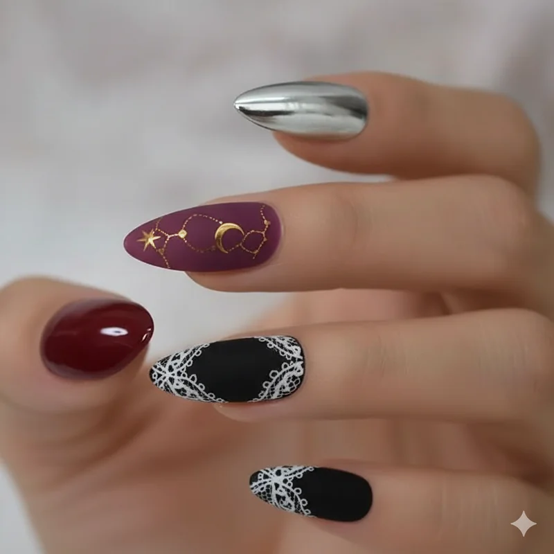 Choose goth nail style by personality showing vampy whimsigoth cyber goth and dark romance options as style decision guide