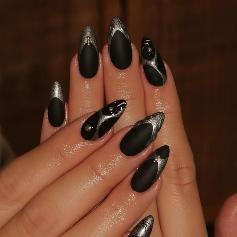 Everyday <strong><p class="inspo-gallery-link"><a href="/inspo/goth-inspiration-gallery">Explore goth inspiration gallery</a></p>goth nails</strong> showing workplace appropriate matte black and gothic French tip designs for daily wear dark aesthetic