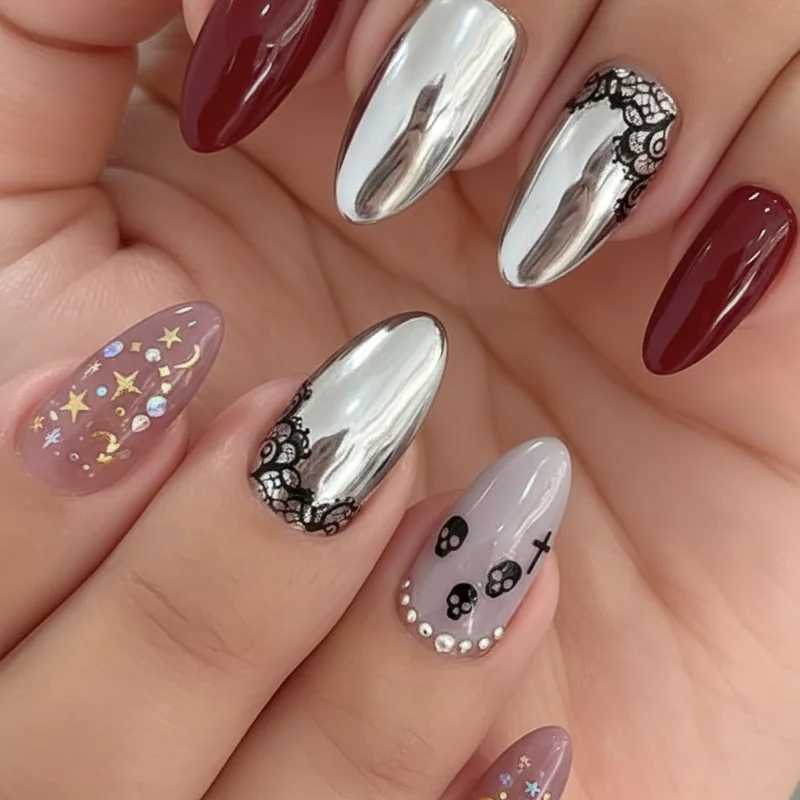 Goth nail aesthetic map showing whimsigoth vampy cyber and pastel goth sub-aesthetic styles side by side comparison guide