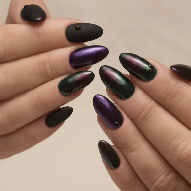 Goth nail finishes comparison showing matte chrome duochrome jelly and glossy gothic finish options on dark aesthetic nails