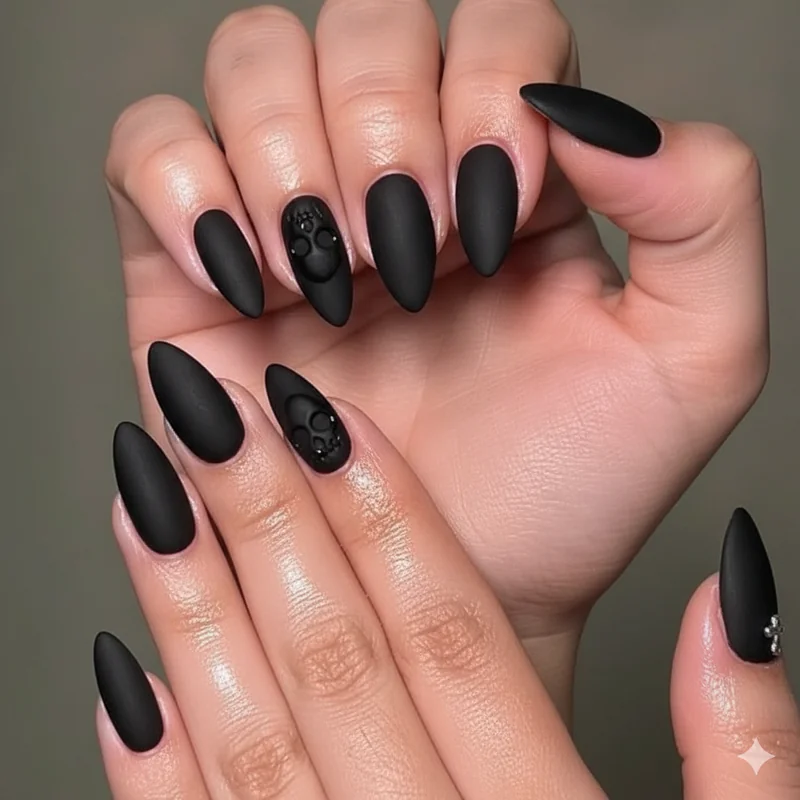 <strong><p class="inspo-gallery-link"><a href="/inspo/goth-inspiration-gallery">Explore goth inspiration gallery</a></p>Goth nails</strong> versus dark nails comparison showing matte black coffin with skull motif demonstrating gothic design identity elements