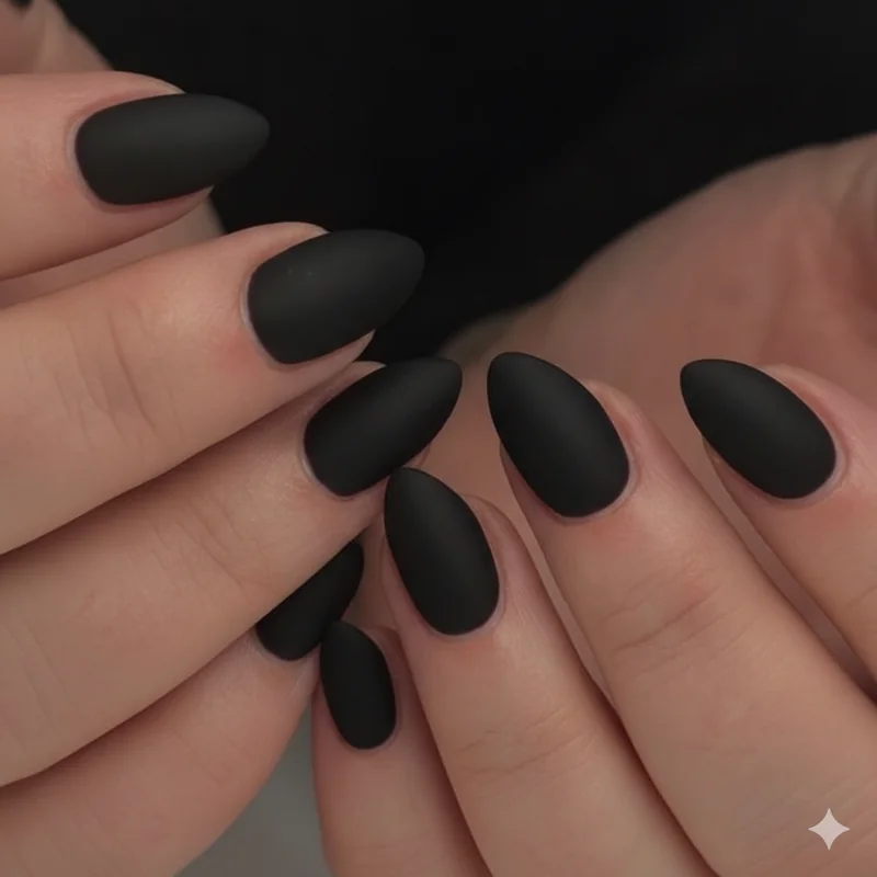 Short <strong><p class="inspo-gallery-link"><a href="/inspo/goth-inspiration-gallery">Explore goth inspiration gallery</a></p>goth nails</strong> showing natural length matte black almond and coffin shapes with gothic design options for short nail ideas