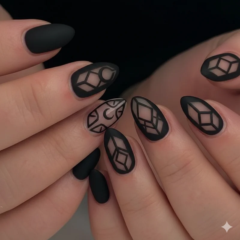 Short goth nails designs showing black matte crescent moon and negative space dark gothic nail art ideas that work on any nail length