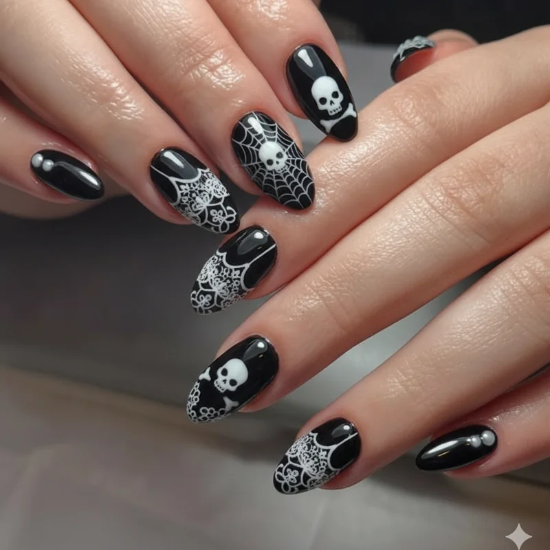 Spiderweb lace and skull gothic nail art designs showing intermediate dark nail tutorial black and white detail work for home manicure
