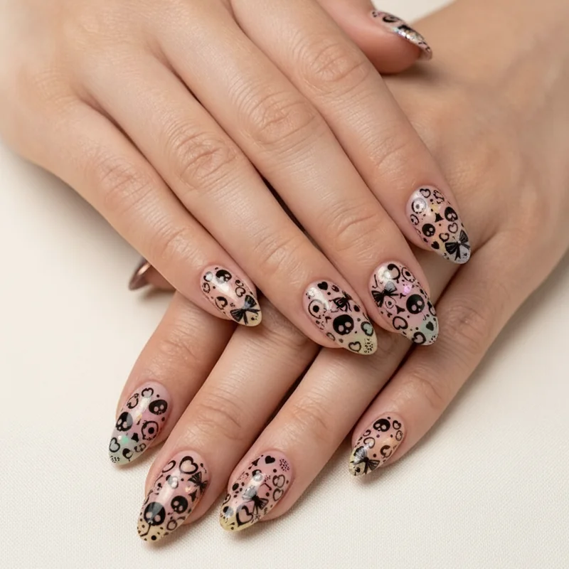 Kawaii goth nails featuring pastel rainbow base with skulls hearts and bow maximalist nail art set comparison inspo