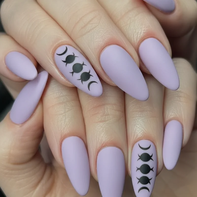 Pastel goth coffin nails with lavender base and black moon phase accent nails in matte finish long set aesthetic